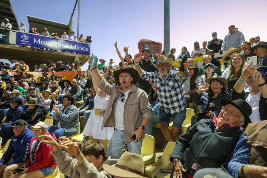A crowd of people, many wearing hats, cheer enthusiastically while seated in outdoor stadium stands during a daytime event.