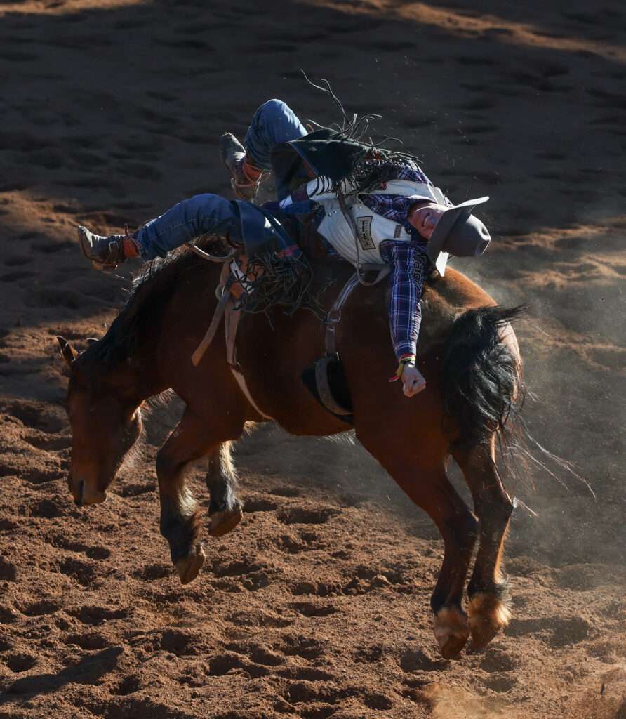A rodeo rider in a plaid shirt and cowboy hat clings to a bucking horse as it kicks up dirt in an arena.