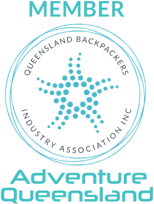 Logo for Adventure Queensland showing membership in the Queensland Backpackers Industry Association, with stylized blue star design and circular text.