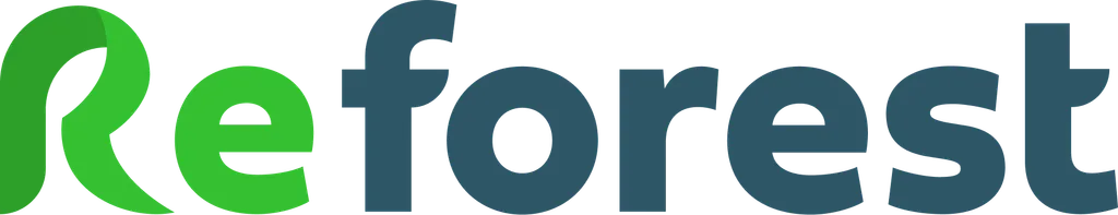 The image displays the word "reforest" in lowercase, with the "R" stylized in green to resemble a leaf.