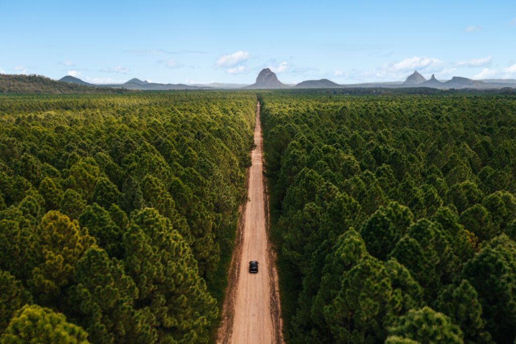 Aerial view of a lone car driving down a long dirt road through a dense forest with mountains in the background.