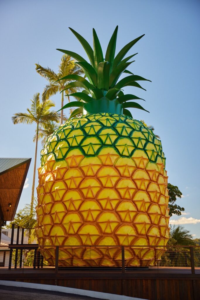 A large, colorful pineapple sculpture stands outdoors with palm trees and a clear sky in the background.