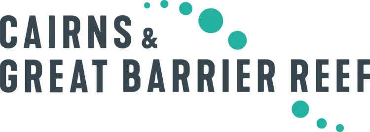 Logo of Cairns & Great Barrier Reef, featuring the text in bold letters and a series of green dots forming an arc.