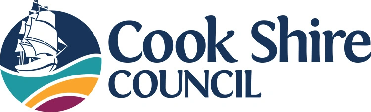 Logo of Cook Shire Council featuring a stylized sailing ship within a circular design, complemented with waves in teal, yellow, and magenta hues. The text reads 