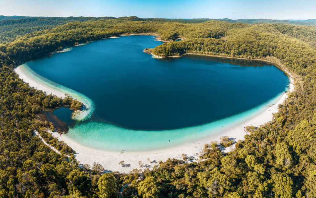 Aerial view of a large, clear blue lake surrounded by dense green forest and a white sandy shoreline under a clear sky.