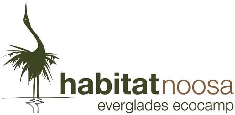Logo of Habitat Noosa Everglades Ecocamp featuring a stylized bird standing on grass next to the text 