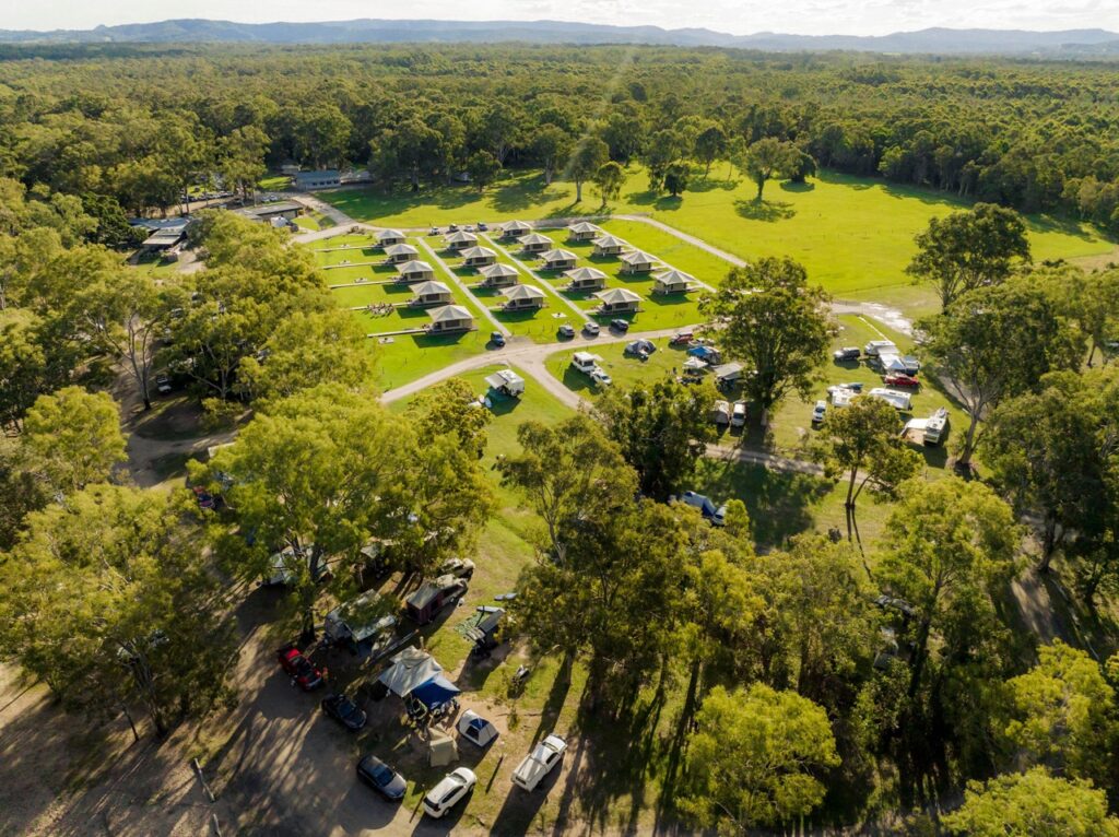 Aerial view of a campground with multiple tents and vehicles scattered among trees. Open grassy areas and a dense forest surround the camping site.
