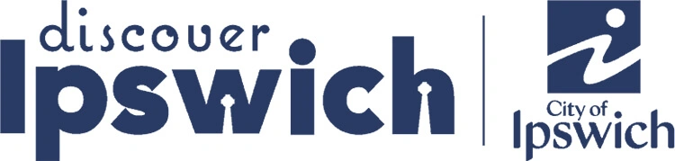 Logo of Discover Ipswich and City of Ipswich featuring stylized text and an abstract person icon in blue.