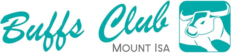 Logo for Buffs Club Mount Isa, featuring the club name in a stylized font alongside a graphic of a buffalo head.