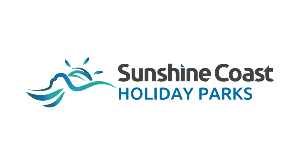Logo of Sunshine Coast Holiday Parks with a stylized sun and wave design in blue and teal.