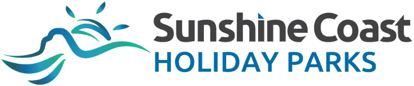 Logo of Sunshine Coast Holiday Parks featuring a stylized wave and sun.