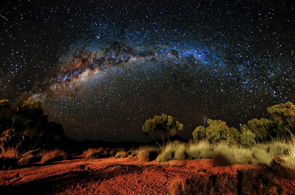 A starry night sky with the Milky Way visible over a red desert landscape dotted with small bushes and trees.