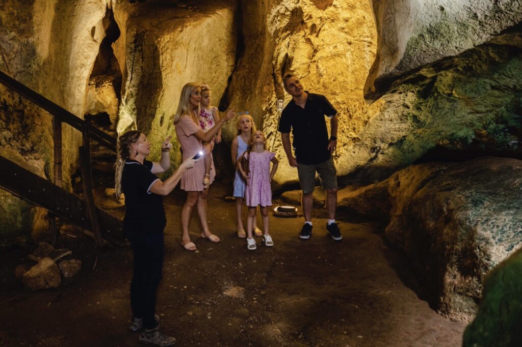 A group of people stands in a dimly lit cave, looking at the rock formations. One person holds a flashlight.