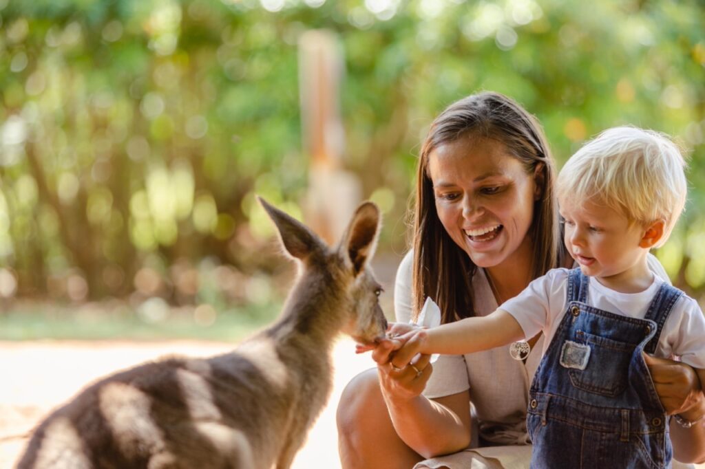 A woman and young child feed a kangaroo outdoors. The background features trees and blurred greenery.