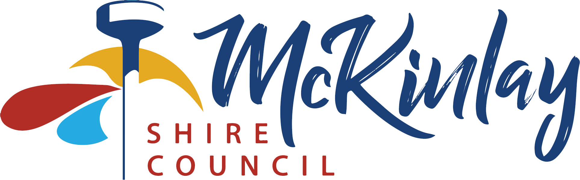 McKinlay Shire Council logo featuring stylized elements in red, blue, and yellow with cursive and bold text.