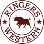 Ringers Western logo featuring a silhouetted bull in the center, surrounded by the brand name and two stars, all in dark red.