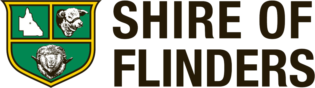 Logo of Shire of Flinders with a green shield featuring a map, cattle head, and sheep head, alongside the text 