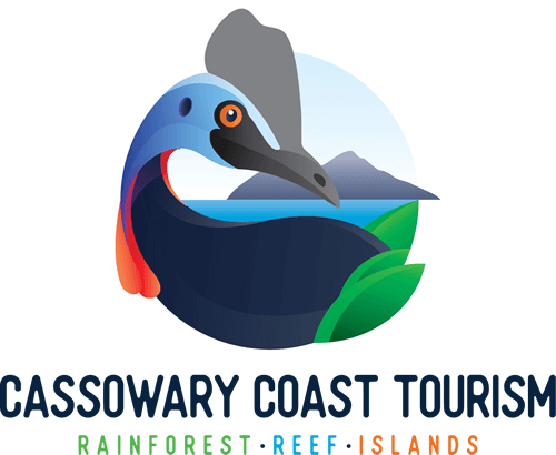 Logo for Cassowary Coast Tourism featuring a stylized cassowary head with mountains, ocean, and greenery in the background. Text below reads 
