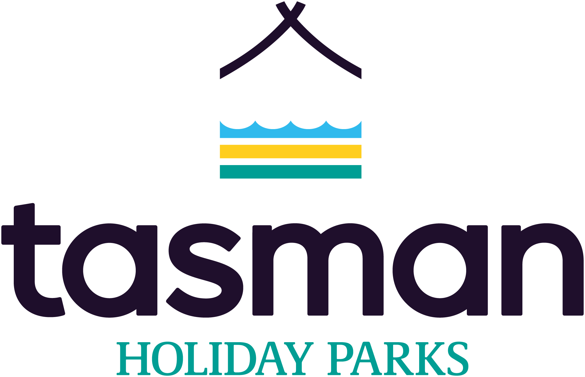 Logo for Tasman Holiday Parks featuring a stylized tent and water graphic above the text 