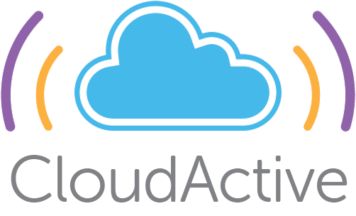 CloudActive logo featuring a blue cloud with curved orange and purple lines on each side, and the text 