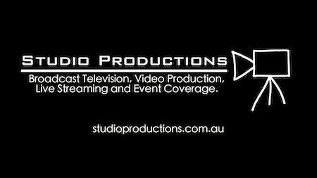Studio Productions logo with a line drawing of a video camera and text listing broadcast television, video production, live streaming, and event coverage. Website: studioproductions.com.au.