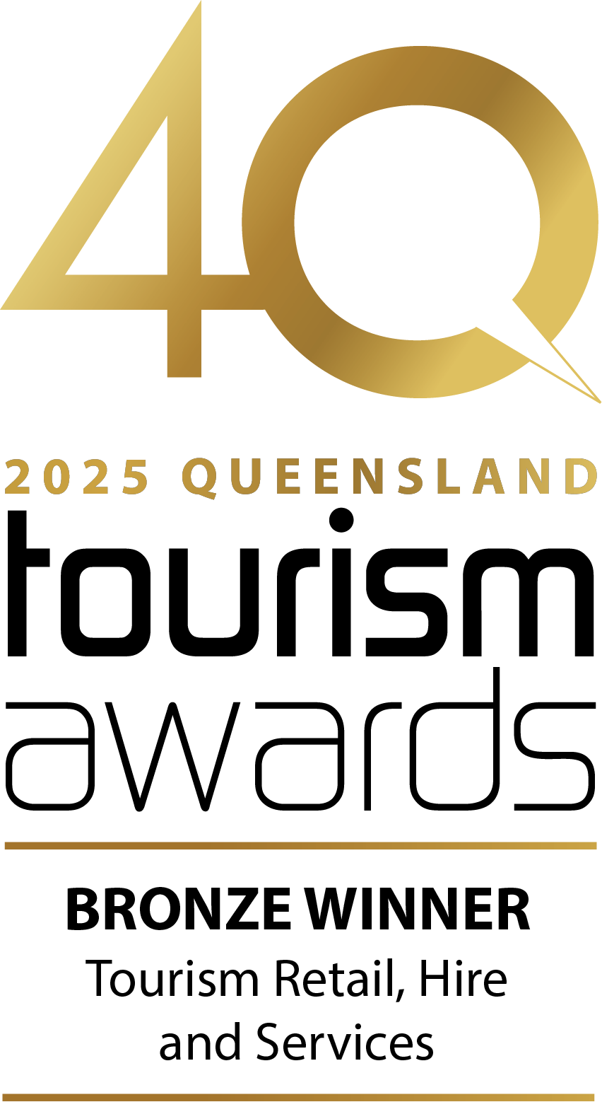 Logo for the 2025 Queensland Tourism Awards showing the recipient as the Bronze Winner in the Tourism Retail, Hire and Services category.