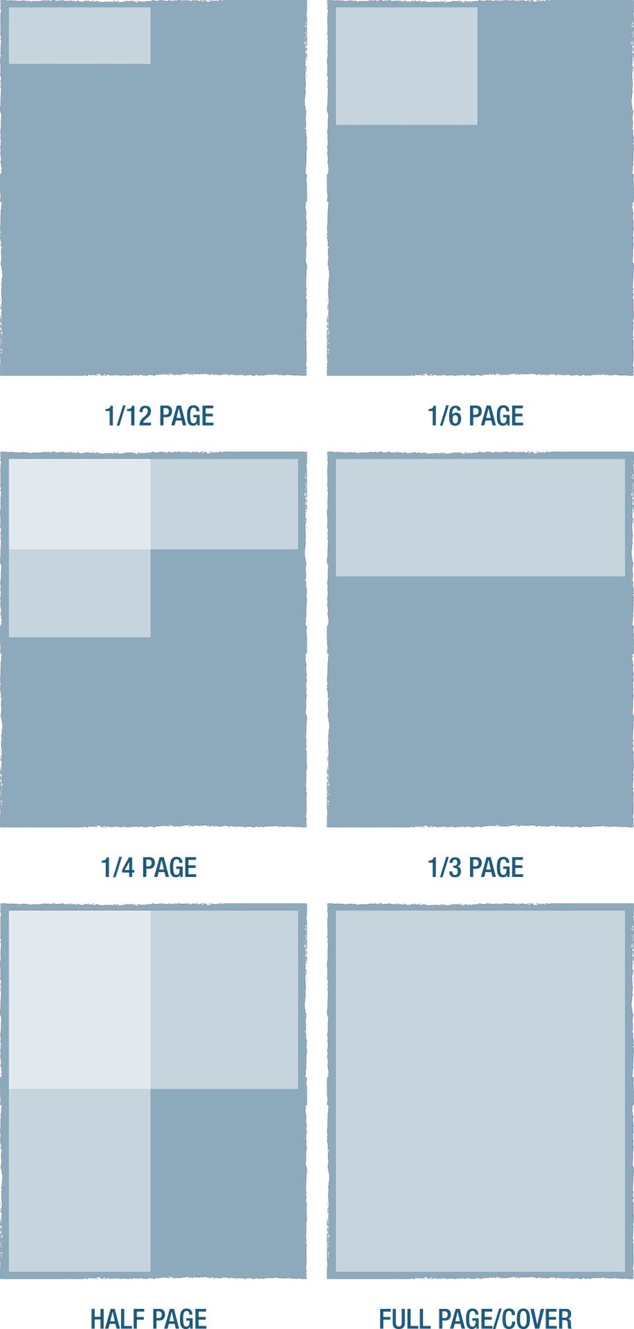 A chart showing different page ad size layouts: 1/12, 1/6, 1/4, 1/3, half page, and full page/cover, each shaded to indicate coverage area.