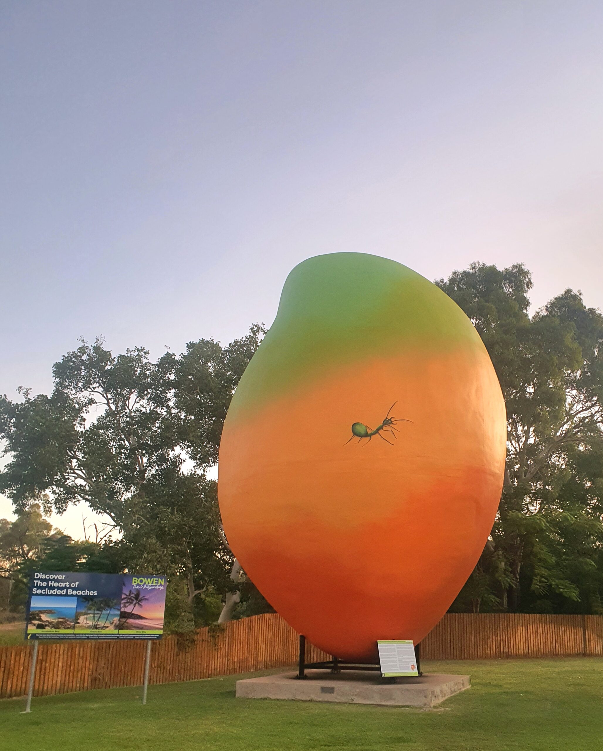 A large, colorful mango sculpture stands on a lawn with trees in the background and informational signs nearby.