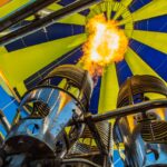 Close-up view from below of a hot air balloon burner shooting a flame upward into a yellow and blue balloon envelope.