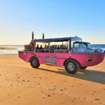 A pink amphibious tour vehicle with passengers drives on a sandy beach near the ocean under a clear sky.