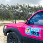 A bright pink 4WD vehicle labeled "Sandy" with a "Fraser Dingo 4WD Adventures" decal is parked on sandy ground near trees under a cloudy sky.