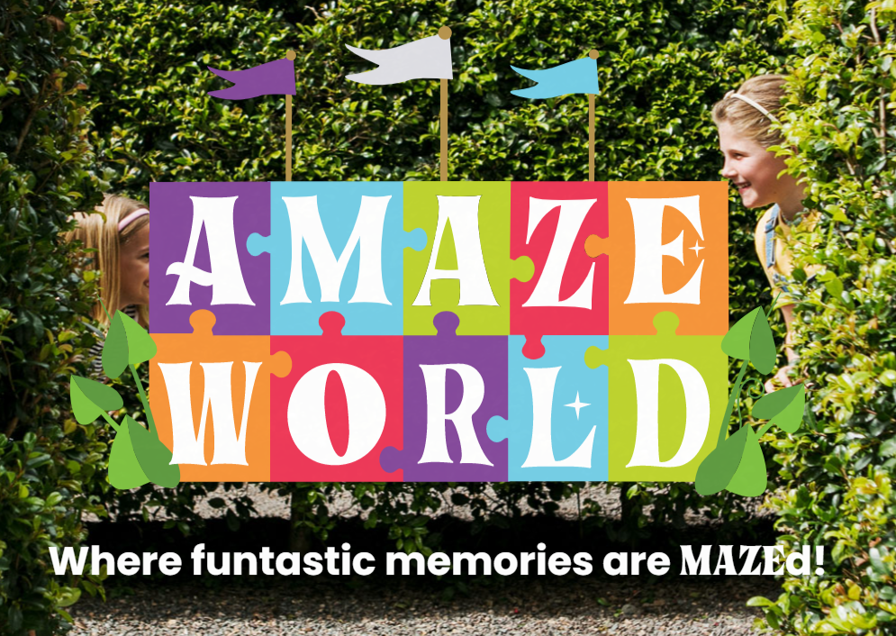 Two children peer at each other through a hedge maze. Colorful puzzle piece sign reads “Amaze World.” Text below says, “Where funtastic memories are MAZED!”.