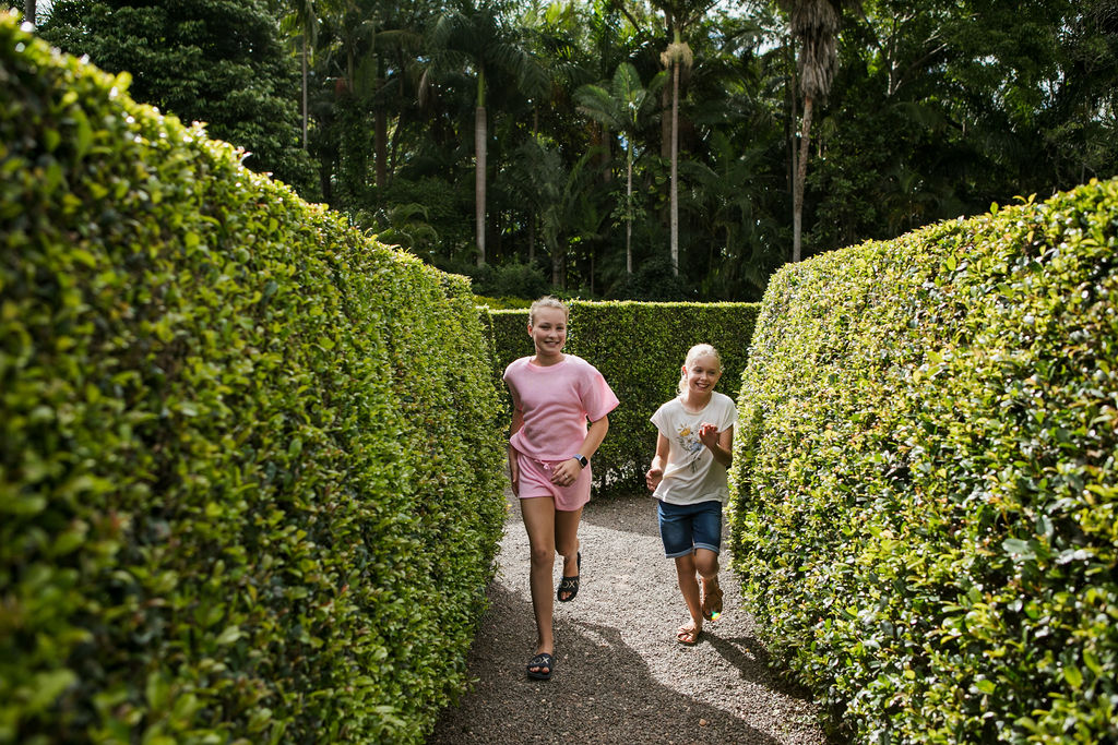 Two children are running along a gravel path between tall, neatly trimmed hedge walls in a garden or hedge maze, with trees in the background.