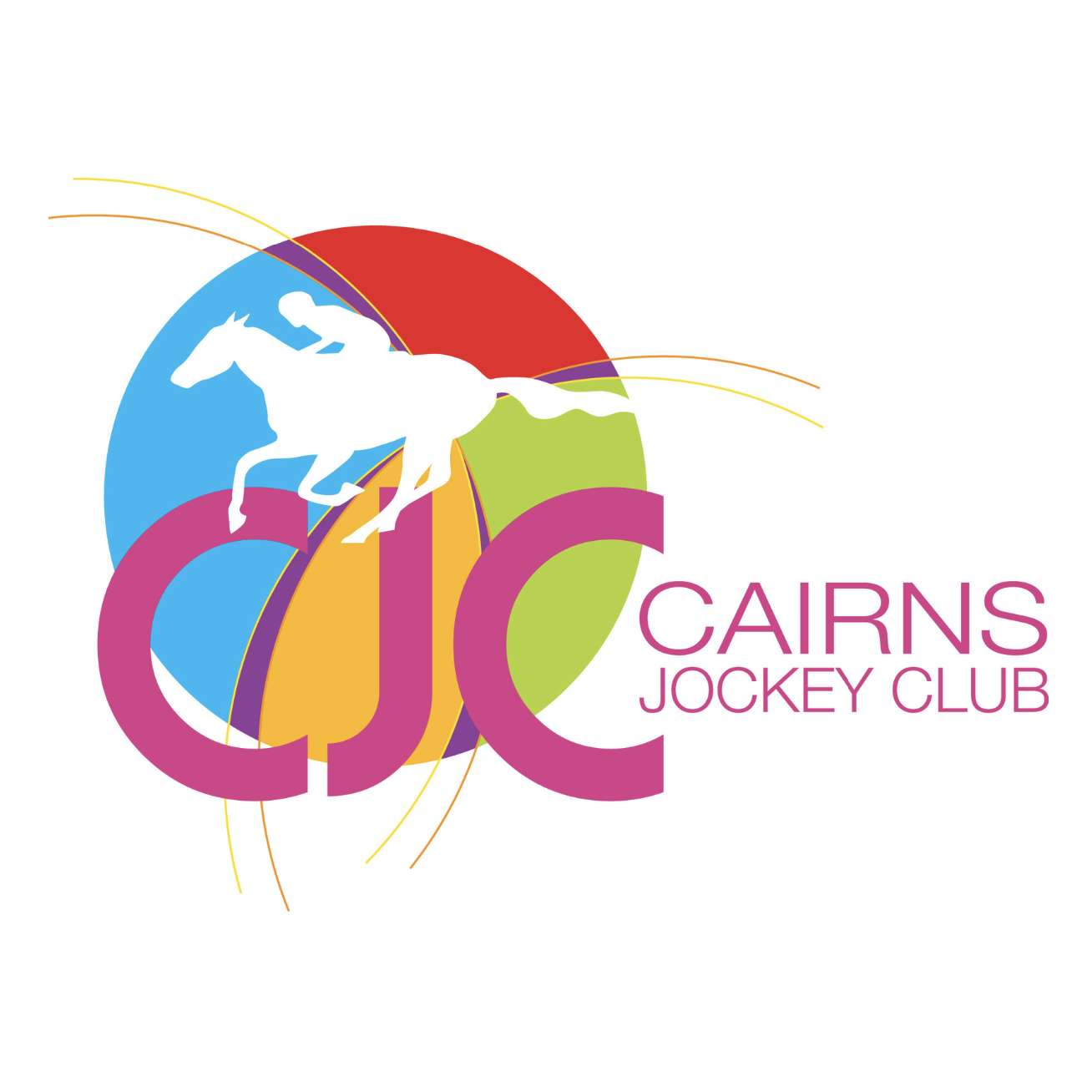 Cairns Jockey Club logo featuring a white silhouette of a jockey riding a horse over colorful circles with 