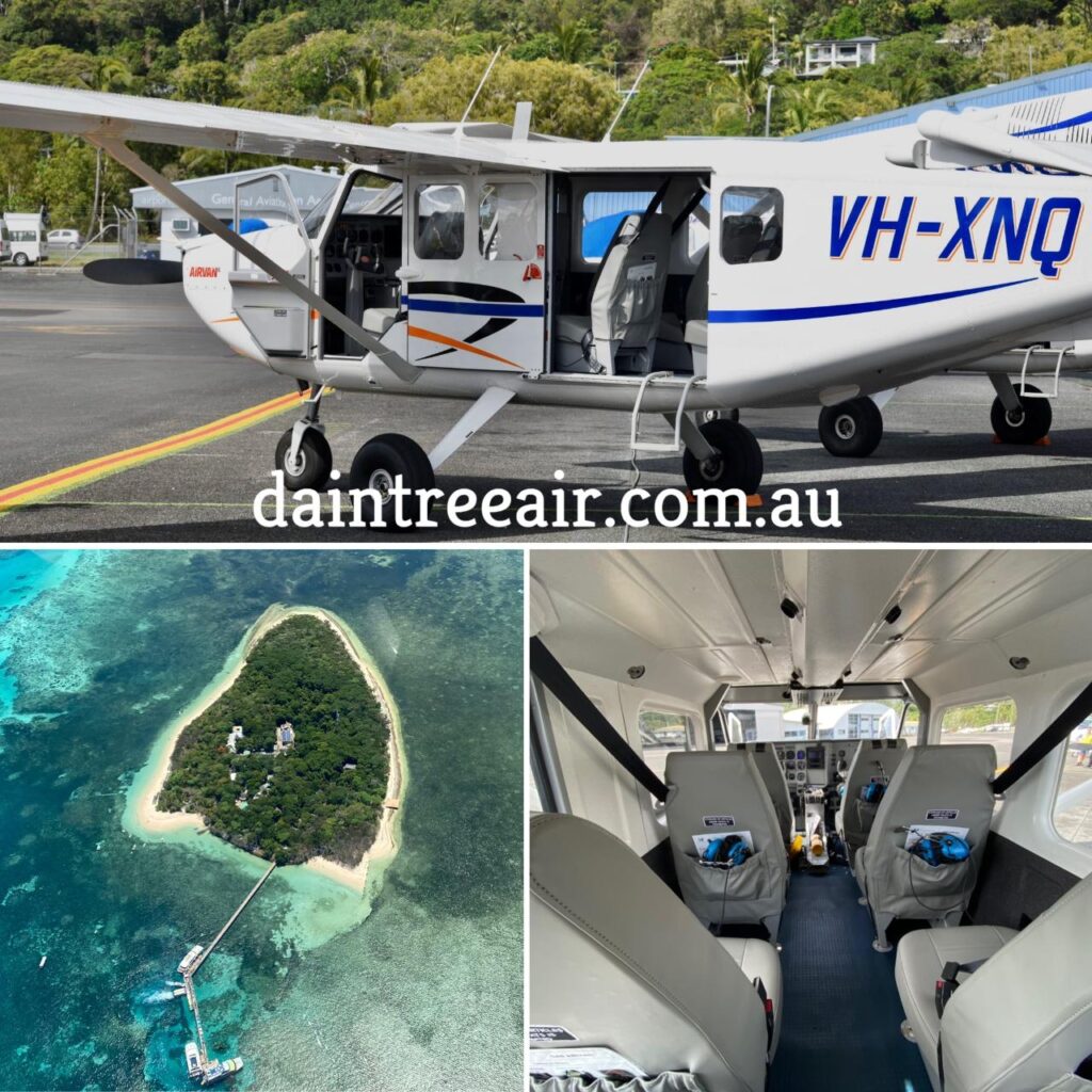 A small white plane on a tarmac, an aerial view of an island with a dock, and the interior cabin of the plane with passenger seats. Text reads "daintreeair.com.au".
