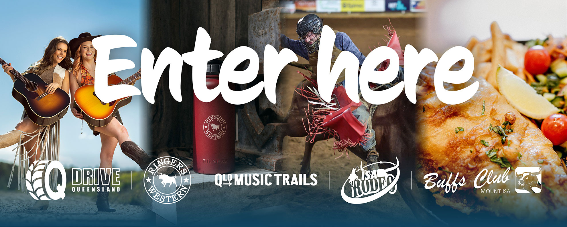 A banner with "Enter here" text, featuring images of musicians, a rodeo rider, a QLD Music Trails mug, and a plate of food, along with event and club logos at the bottom.