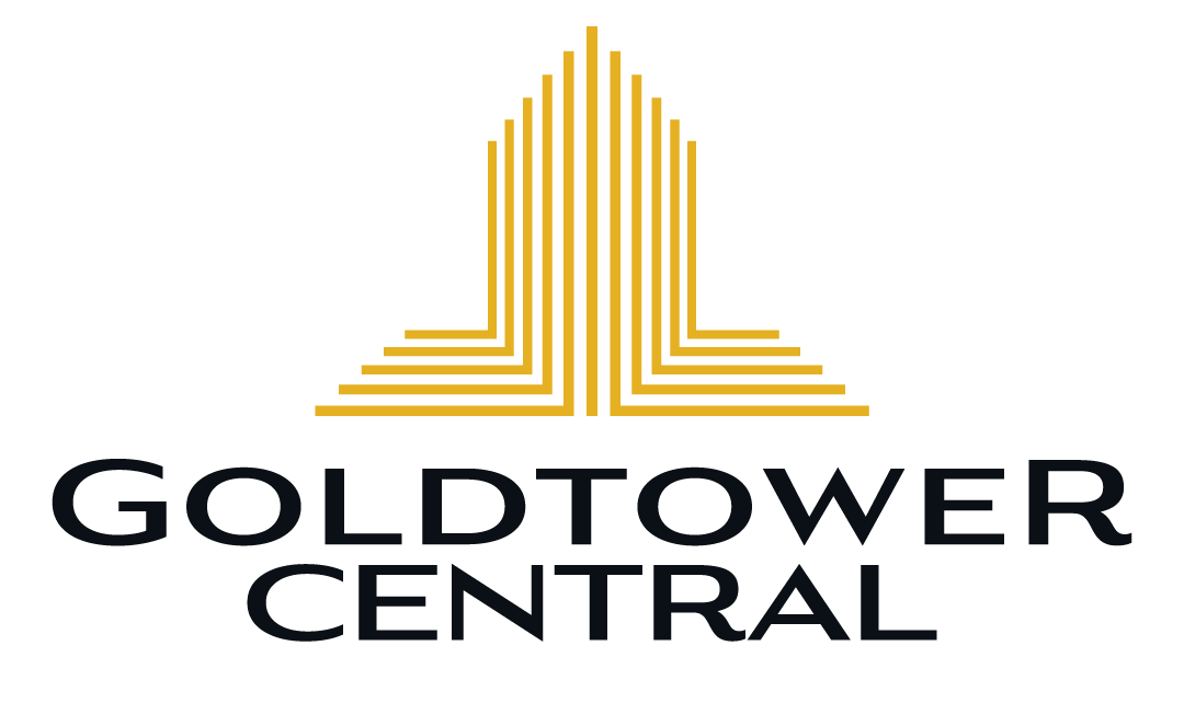 Logo with gold, upward-pointing geometric lines forming a tower shape above the text 