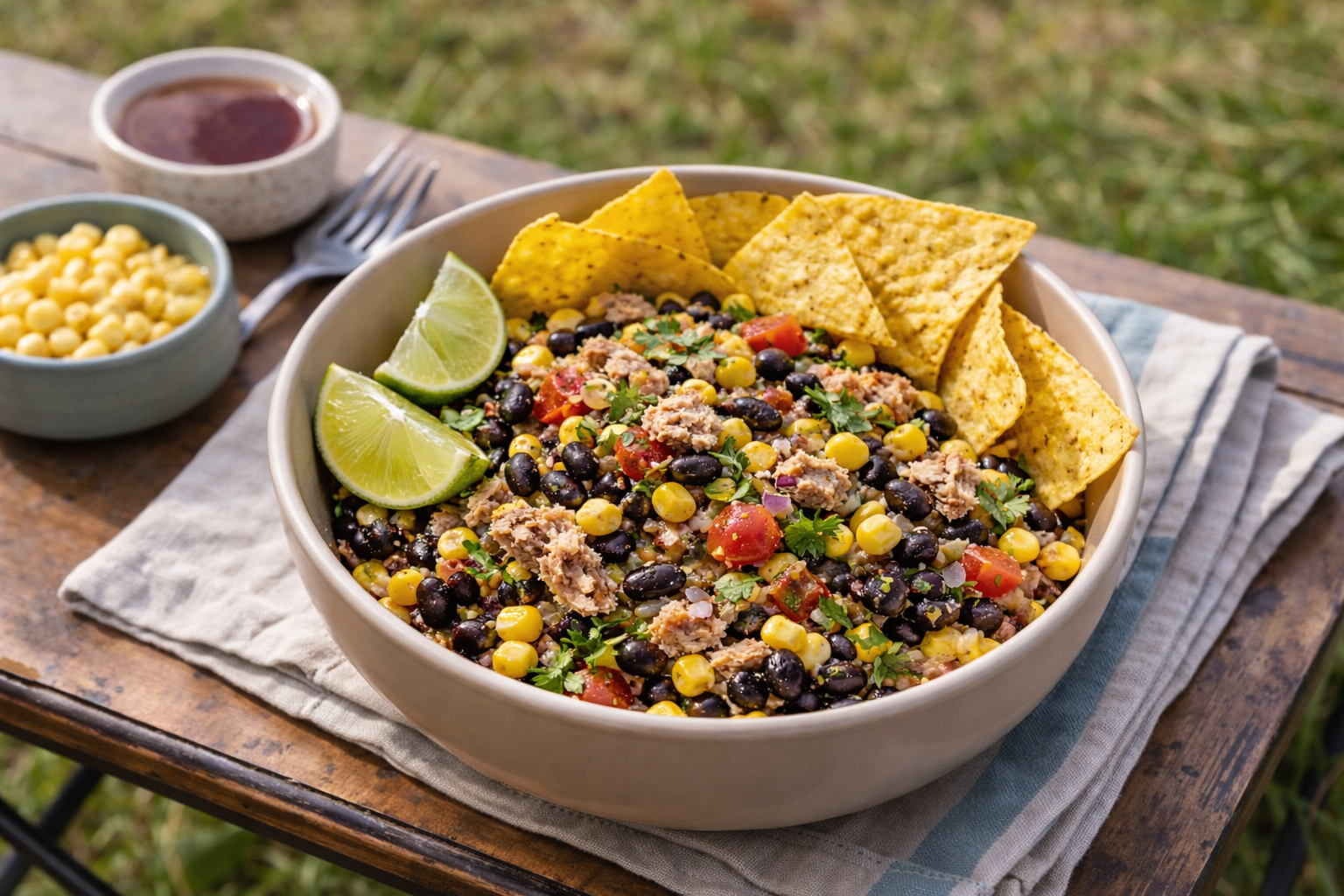 A bowl of black bean and corn salad with chopped tomatoes, tortilla chips, two lime wedges, served on a cloth napkin outdoors. Small bowls of corn and sauce are nearby.