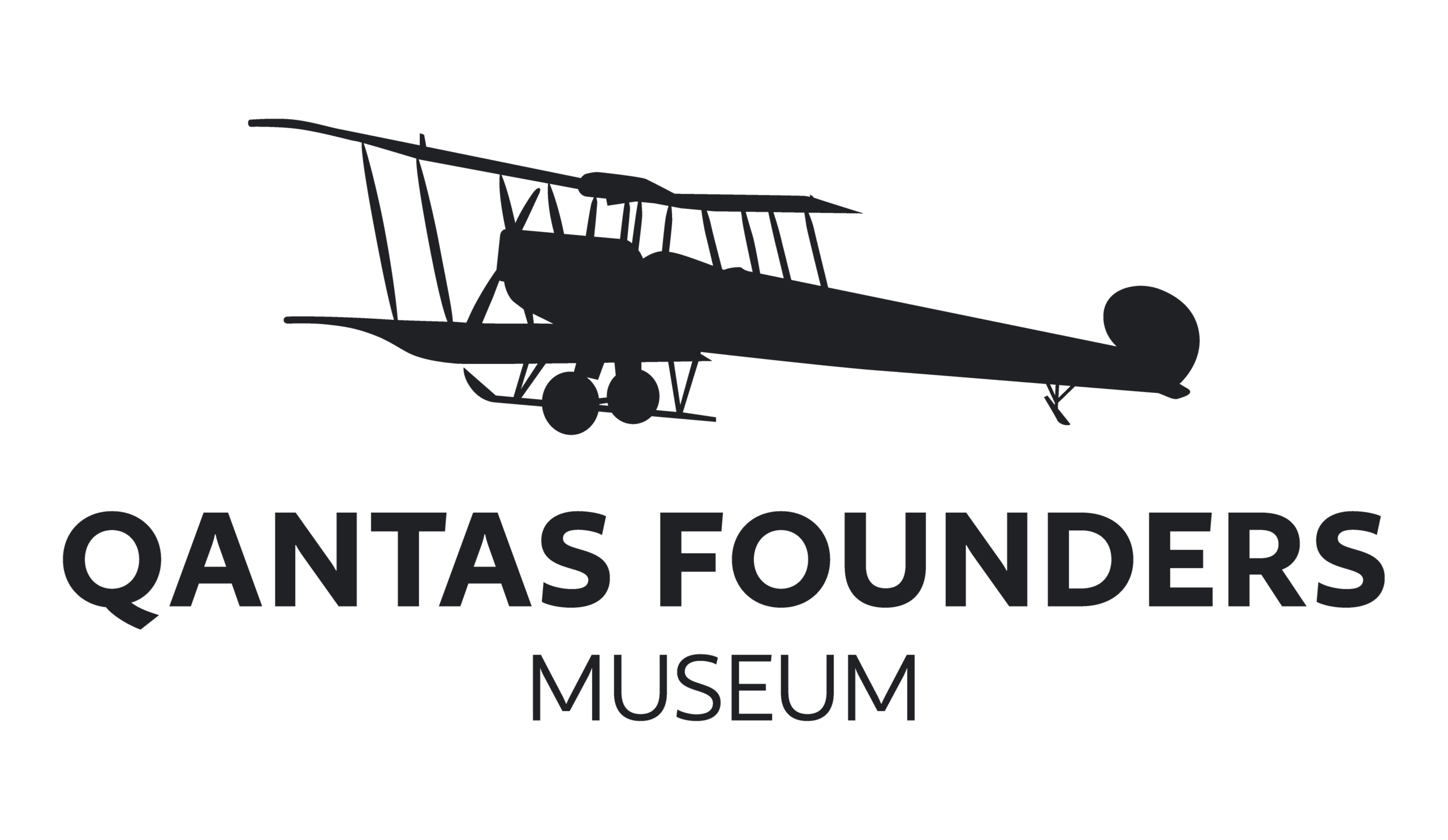 Silhouette of a vintage biplane above the text 