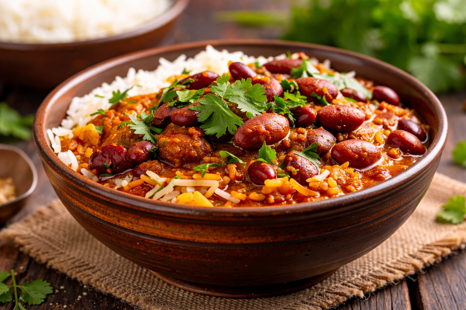 A bowl of rice topped with kidney bean curry, garnished with fresh cilantro, on a rustic table with herbs in the background.