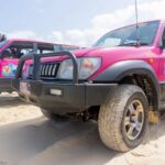 Two pink four-wheel-drive vehicles with roof racks and promotional decals parked on sandy terrain under a partly cloudy sky.