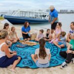 A group of adults and children sit in a circle on a blue patterned blanket on the sand near a body of water, with a boat and city buildings in the background.