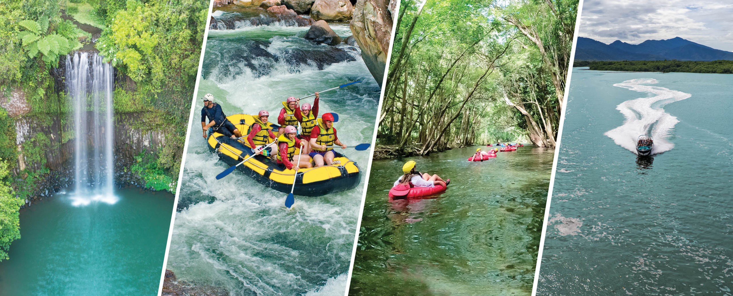 A collage shows a waterfall, people white-water rafting, individuals tubing on a river through trees, and a person riding a jet ski on a lake with mountains in the background.
