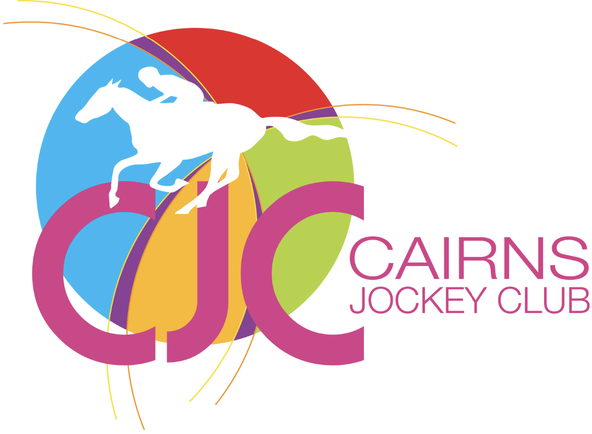 Cairns Jockey Club logo featuring a white silhouette of a horse and jockey over colorful circles, with “CJC” in large pink letters and the club name on the right.