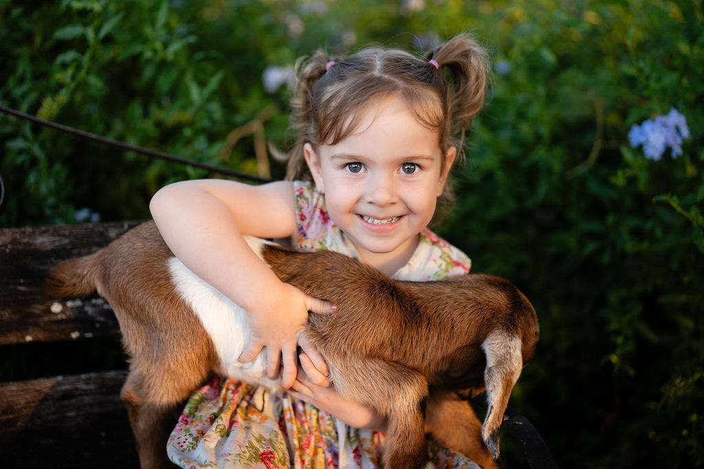 A young girl with pigtails, wearing a floral dress, smiles while holding a brown and white baby goat on her lap outdoors.