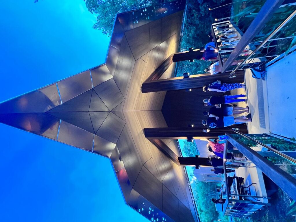 People walk on a bridge toward a modern, angular, wood and metal structure with a star-shaped roof, surrounded by trees in the evening.