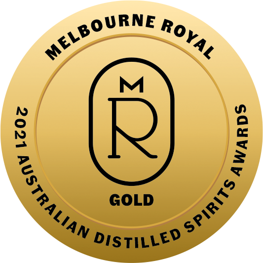 Gold medal badge for the 2021 Australian Distilled Spirits Awards by Melbourne Royal, featuring the event logo in the center.