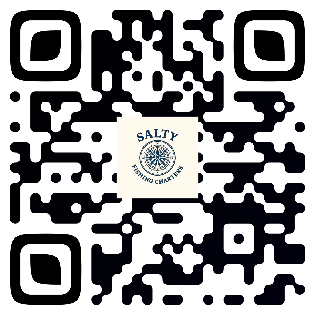 A QR code with a central logo reading "Salty Fishing Charters" above a nautical design.