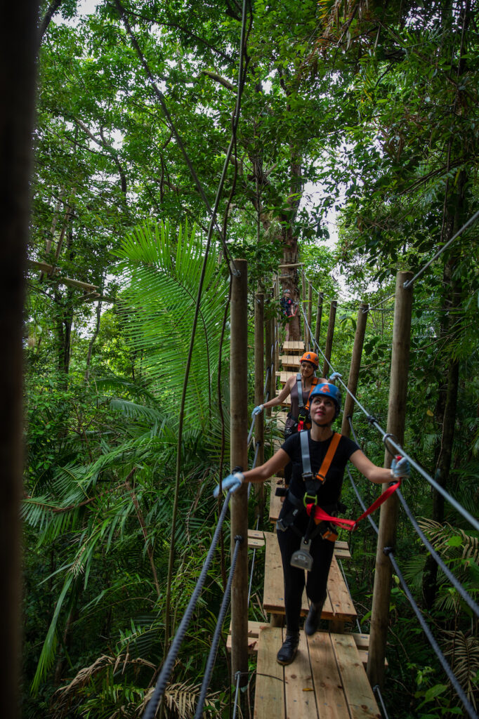 People wearing safety gear cross a wooden suspension bridge in a dense forest canopy, participating in a zip line or adventure course.