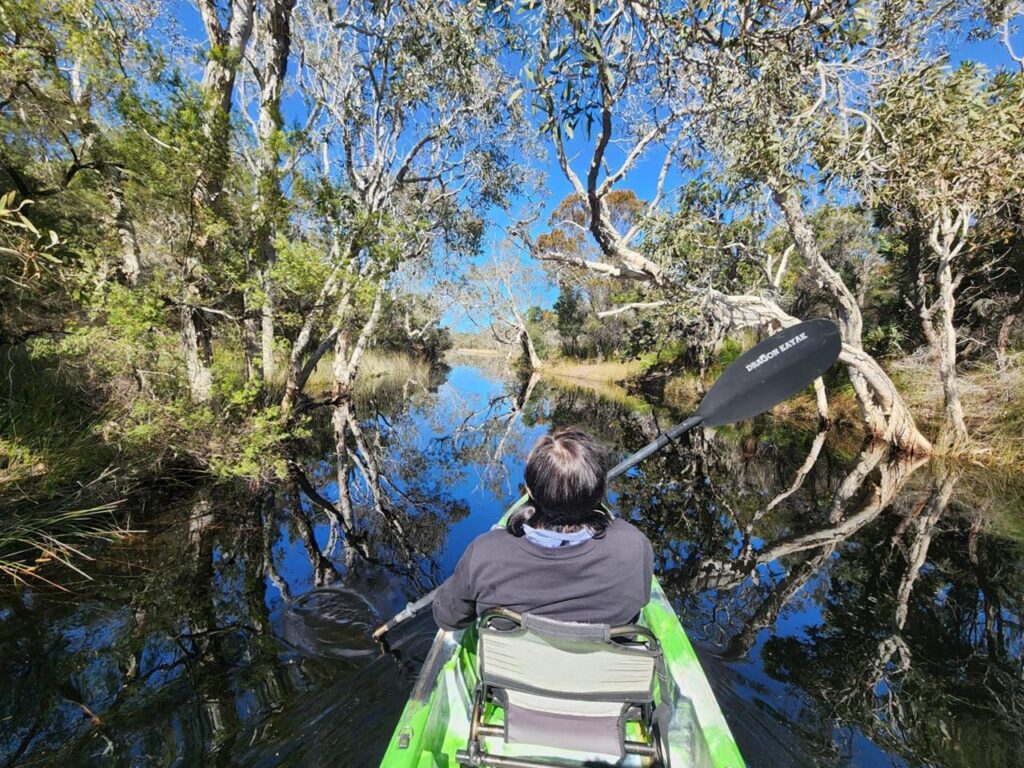 Person kayaking on a calm, narrow waterway surrounded by trees and clear blue sky, with reflections visible on the water.